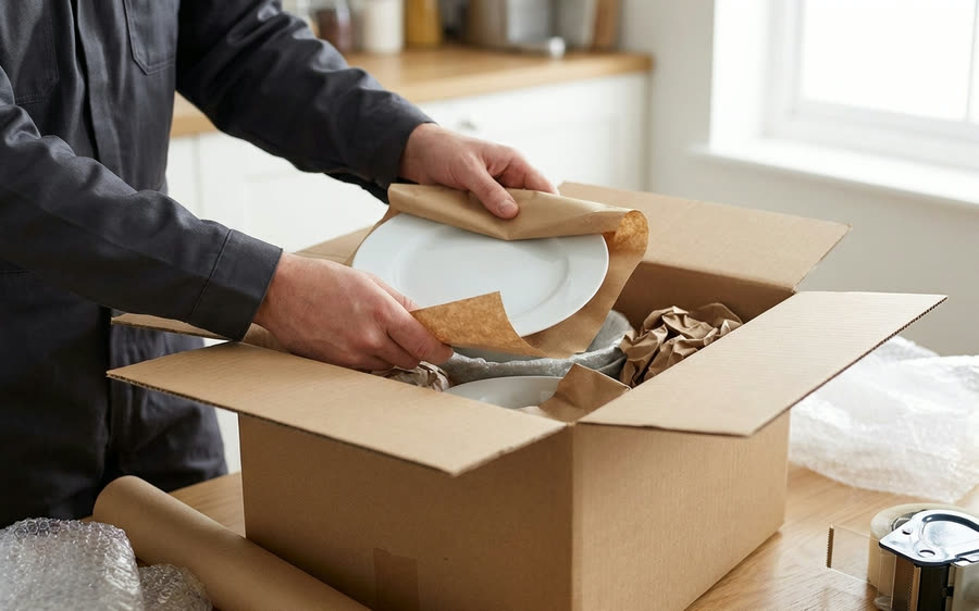 Nahaufnahme: Geschirr wird in Packpapier gewickelt und in einen Umzugskarton gelegt