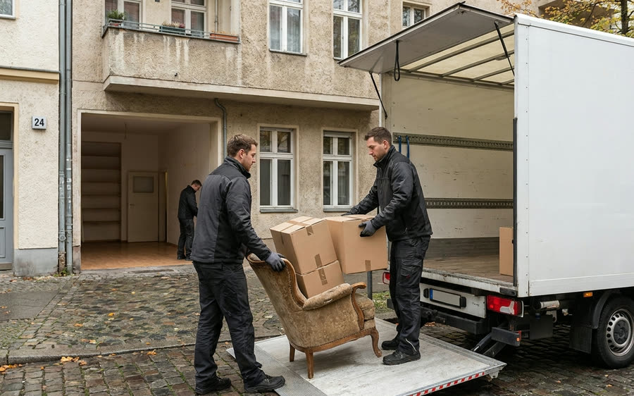 Zwei Mitarbeiter tragen einen alten Sessel und Kartons aus einem Haus zum Transporter