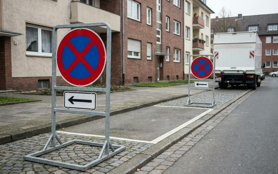 Zwei mobile Halteverbotsschilder sichern einen Parkbereich vor einem Wohnhaus