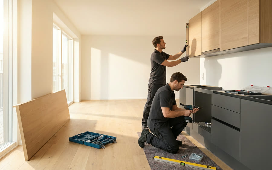 Zwei Monteure bauen eine Einbauküche in einer leeren hellen Wohnung auf