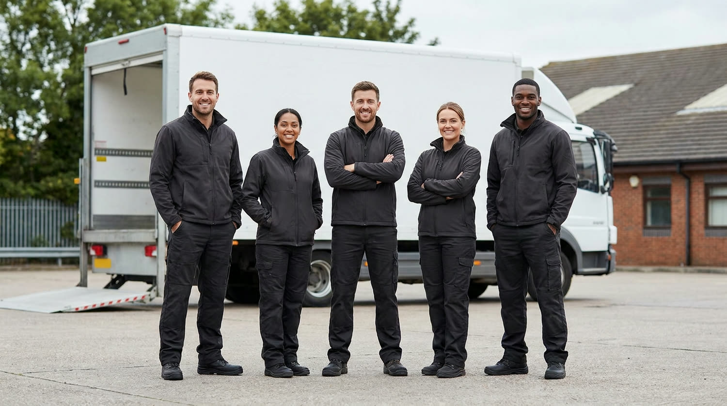 Das achtköpfige Team von Sicher Umzug steht vor einem Koffertransporter