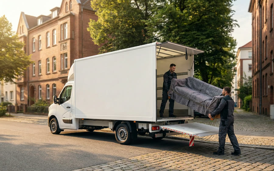 Zwei Möbelpacker verladen ein eingepacktes Sofa über die Ladebordwand in einen Koffertransporter